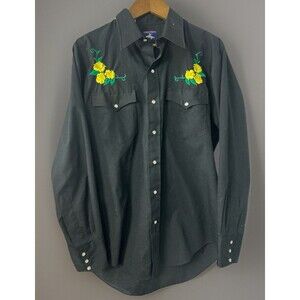 Vtg Chute 1 Western Black Pearl Snap Shirt Embroidered Yellow Rose 16.5/35 Rodeo
